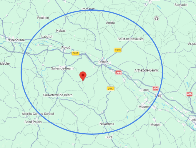 Carte du périmètre d'intervention de Béarn Guêpes & Frelons dans l'ouest du Béarn