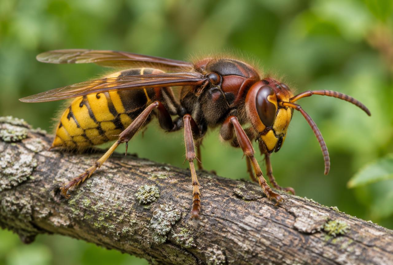 Frelon européen posé sur une branche, reconnaissable à son abdomen jaune