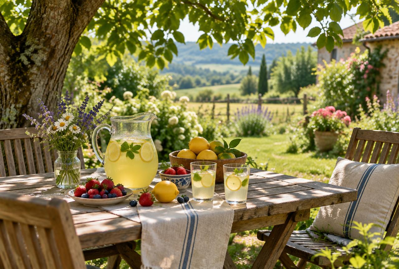 Table de jardin en été, moment propice à la présence de guêpes