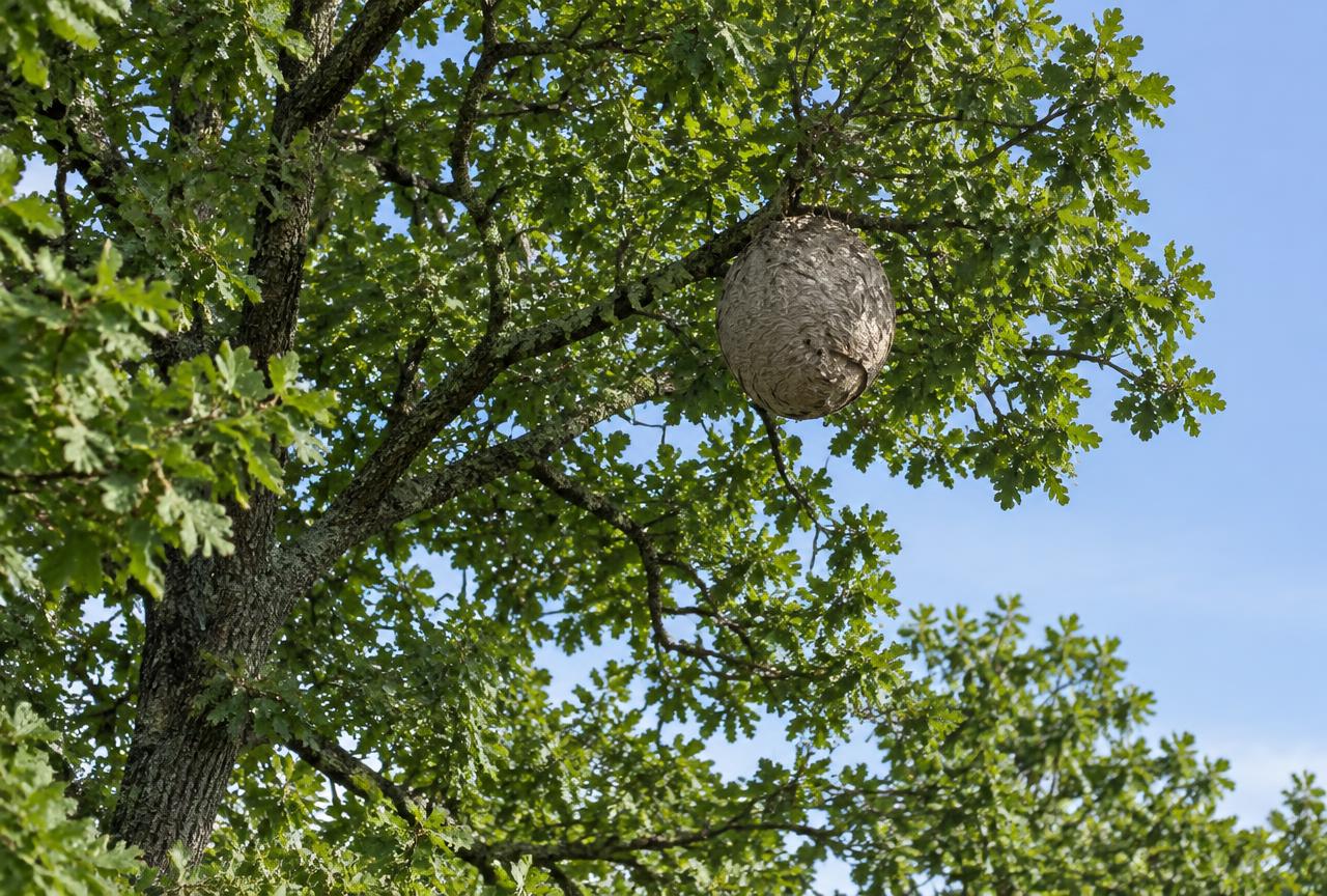 Nid de frelons asiatiques accroché à une branche en Béarn