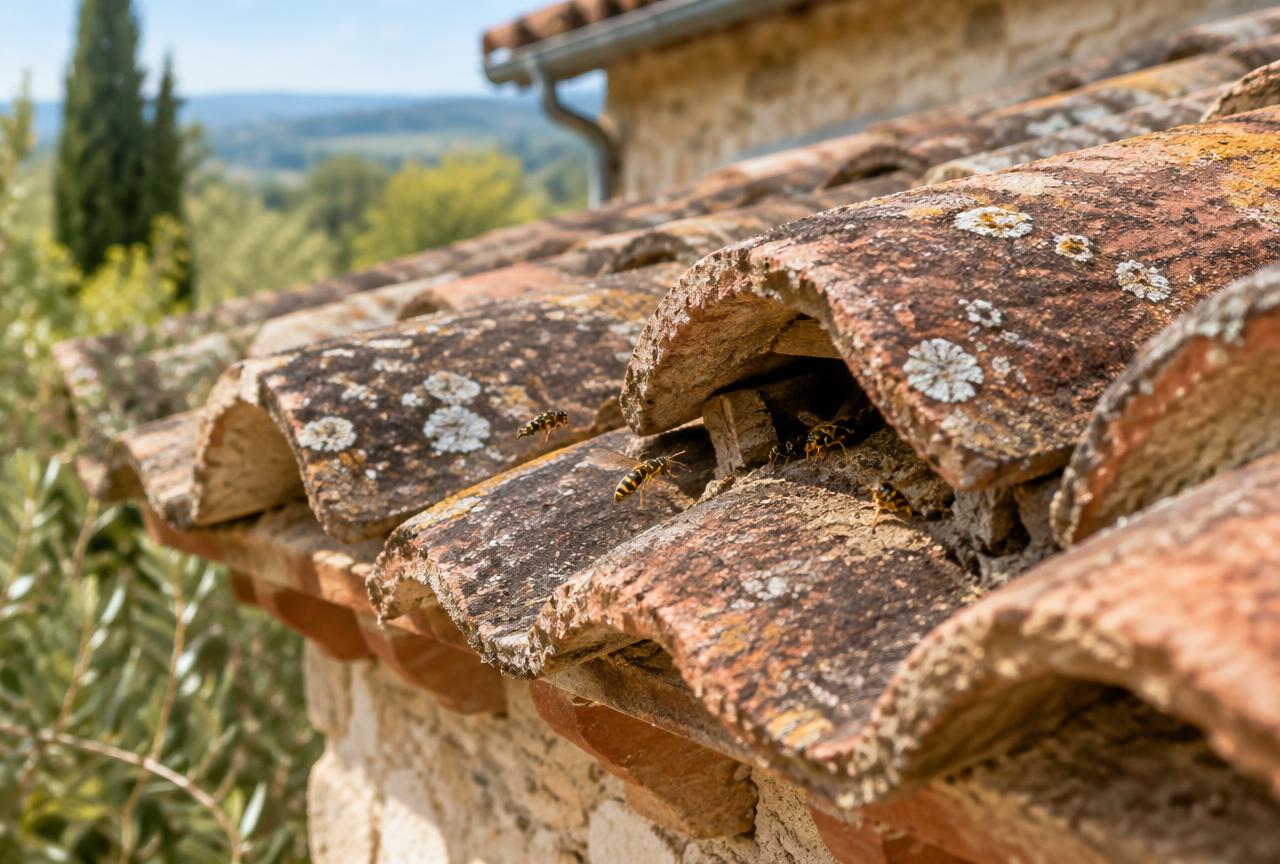 Guêpes entrant sous une tuile de toiture où se cache un nid